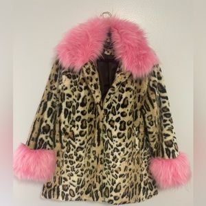 Delia*s Dollskill Plus Faux Fur Leopard Print Coat with Pink Trim